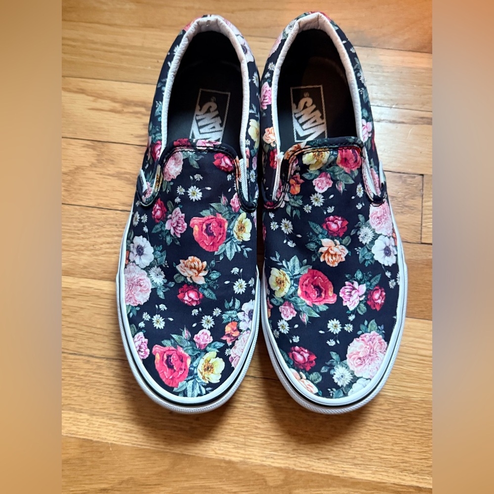 Vans Garden Floral Slip-On Canvas Sneakers - Black with Multicolor Roses - Picture 2 of 9